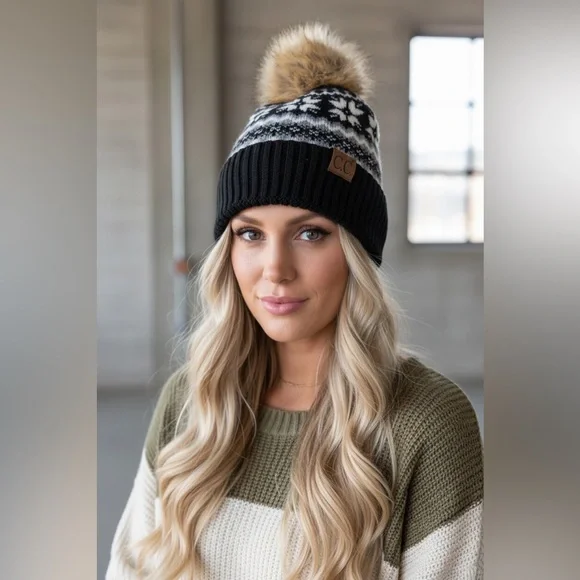NWT CC C.C. Nordic Fair Isle Aztec Tribal Print Pom Pom Beanie Hat Black - Picture 2 of 4